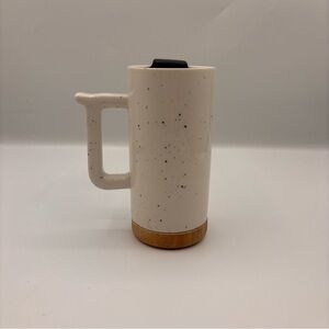 Ello Aspen Mug Ceramic Travel Lid Wood Base Dusty White Black Speckle 16 oz